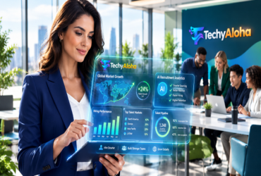 HR leader reviewing AI recruitment and workforce analytics dashboard on a tablet in 2026
