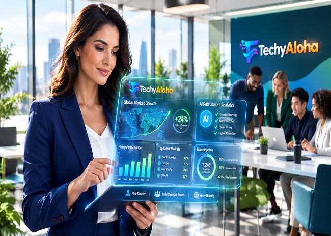 HR leader reviewing AI recruitment and workforce analytics dashboard on a tablet in 2026