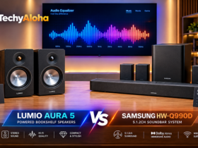 Lumio Aura 5 bookshelf speakers compared with Sony HT-S40R soundbar system