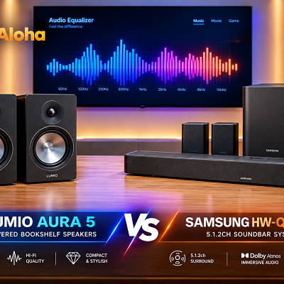 Lumio Aura 5 bookshelf speakers compared with Sony HT-S40R soundbar system