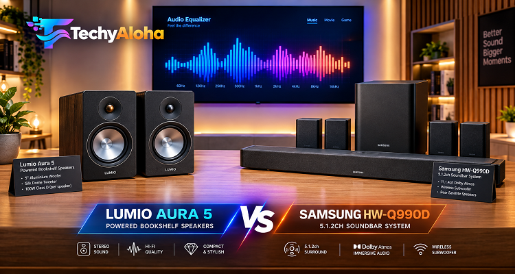 Lumio Aura 5 bookshelf speakers compared with Sony HT-S40R soundbar system