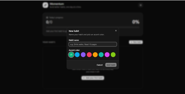 Add new habit popup modal with color selector in web app