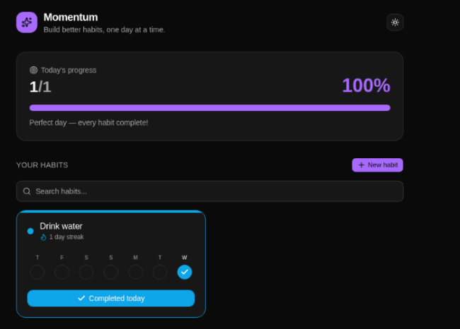 Animated progress bar showing 100% completion in habit tracker