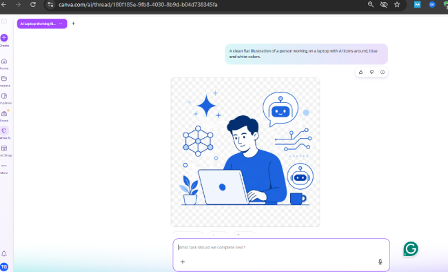Canva AI flat illustration of a person working on a laptop with AI icons in blue and white
