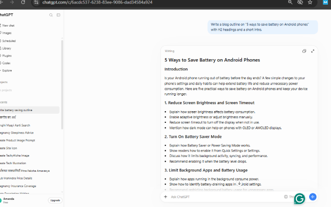 ChatGPT free version generating a blog outline on 5 ways to save battery on Android phones