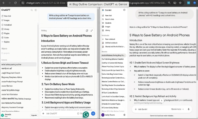 Side-by-side comparison of ChatGPT and Gemini answering the same blog outline prompt
