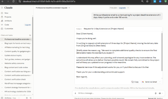 Claude free plan writing a professional client email requesting a 3-day deadline extension