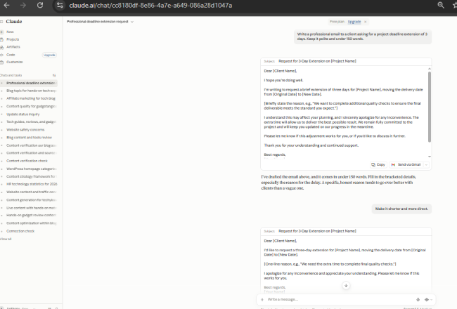 Claude rewriting the deadline extension email in a shorter and more direct version