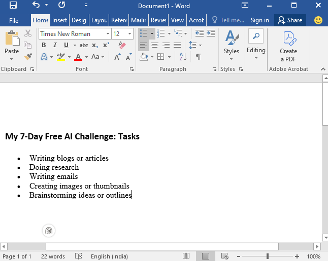 Word document showing my 7-day free AI challenge task list with writing, research, emails, images and brainstorming