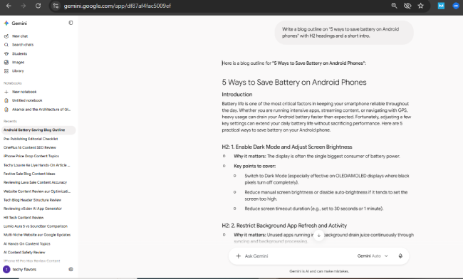 Google Gemini blog outline with H2 headings, why it matters notes and key points for battery saving tips