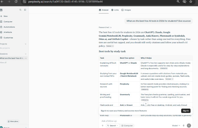 Perplexity answering best free AI tools for students in 2026 with a task-wise table and sources
